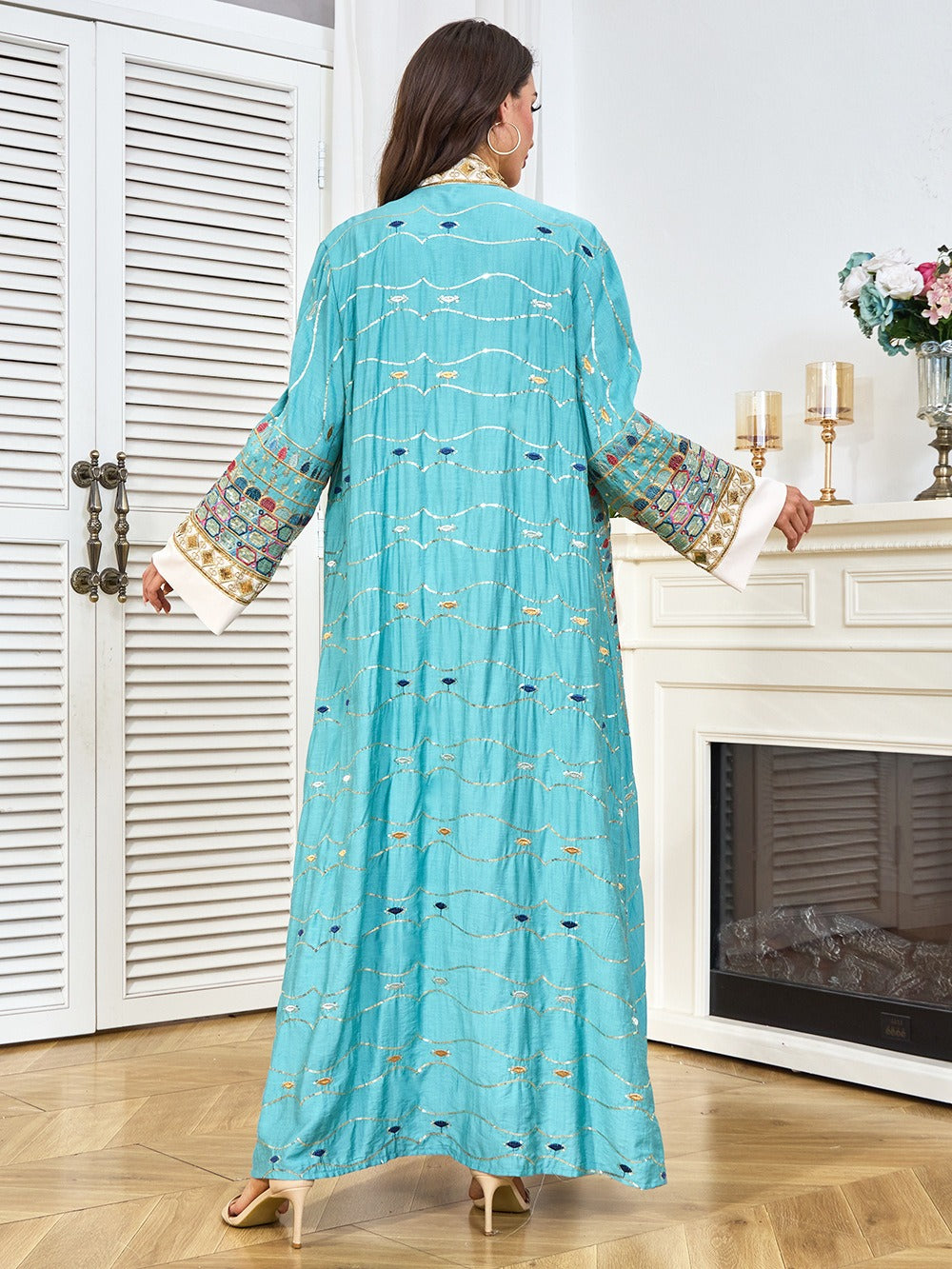 MH130 Luxury Beaded Open Abaya Set – Embroidered Modest Eid Kimono Dress for Muslim Women