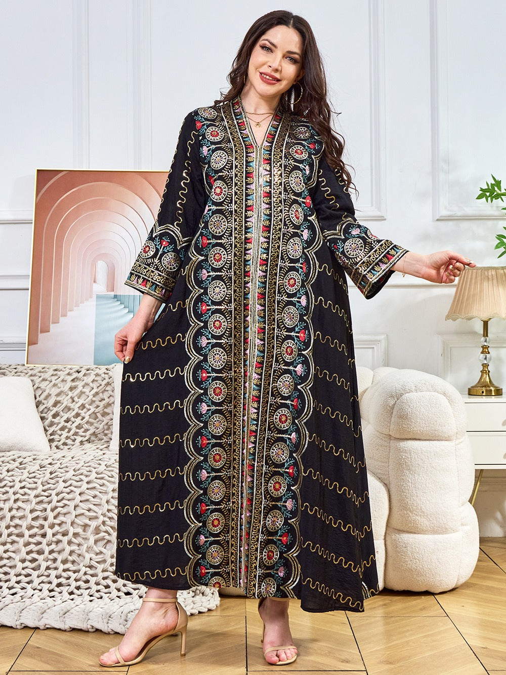 MH132 Sequin Embroidered Abaya Dress – Elegant V Neck Modest Maxi Kaftan for Muslim Women
