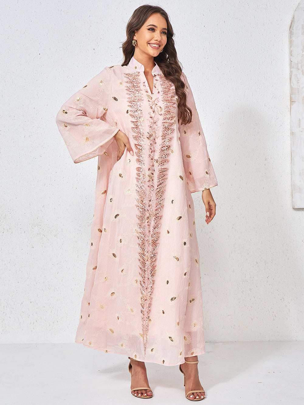 MH133 Luxury Embroidered Sequin Abaya Dress – Elegant Pink Modest Kaftan for Eid & Special Occasions