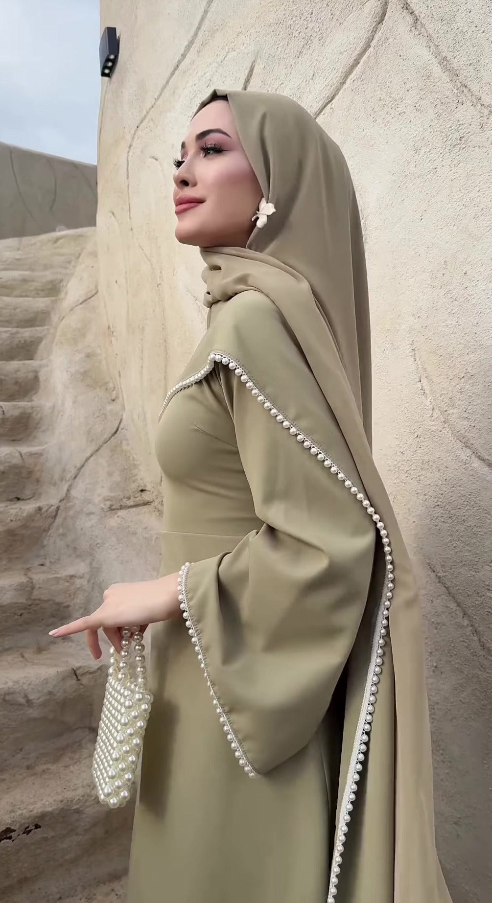 MH123 Pearl Trim Khimar Abaya Dress Set – Elegant Brown Modest Maxi Dress