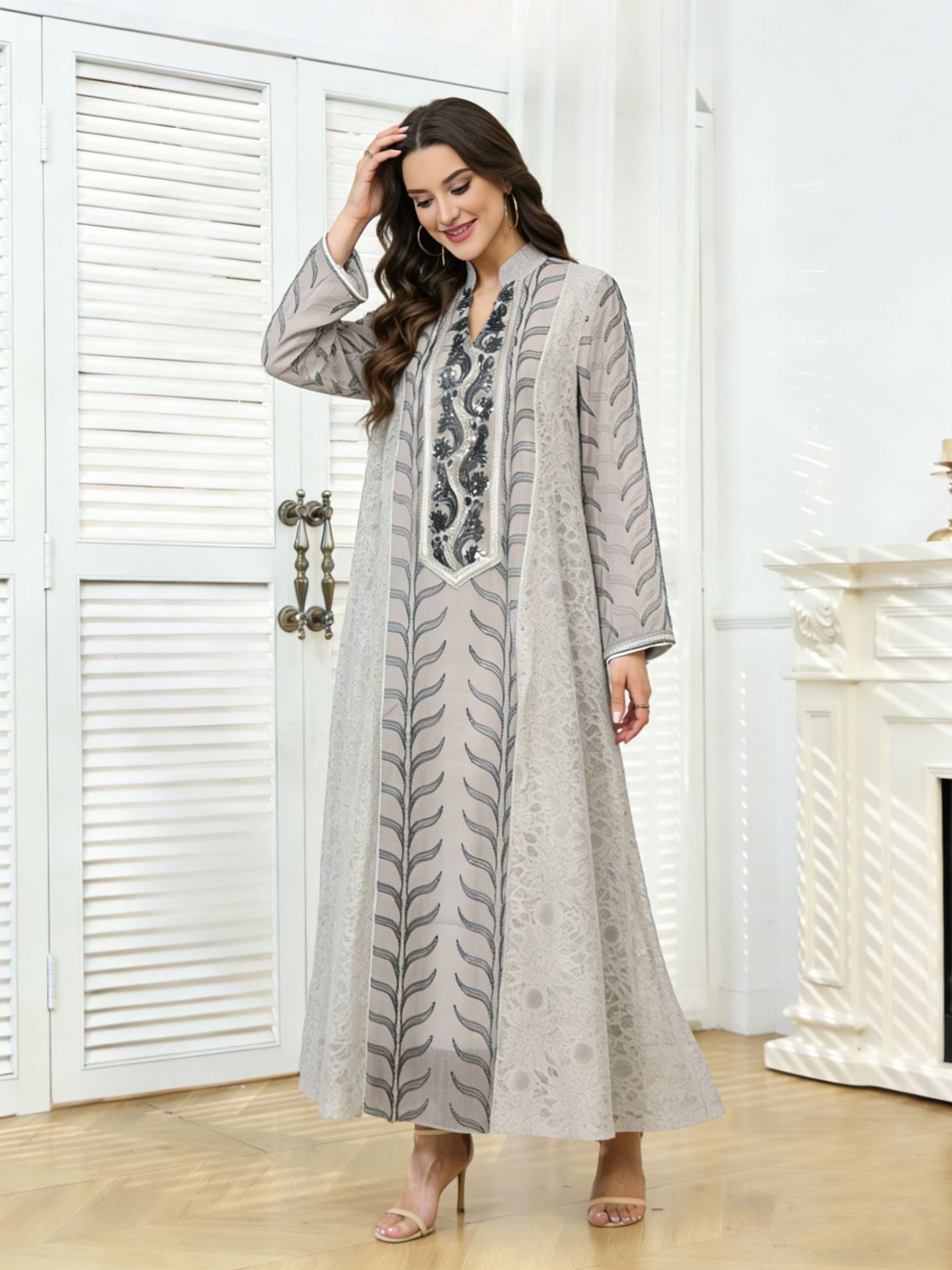 MH129 Beaded Embroidered Abaya Set – Elegant Mesh Modest Eid Dress for Muslim Women