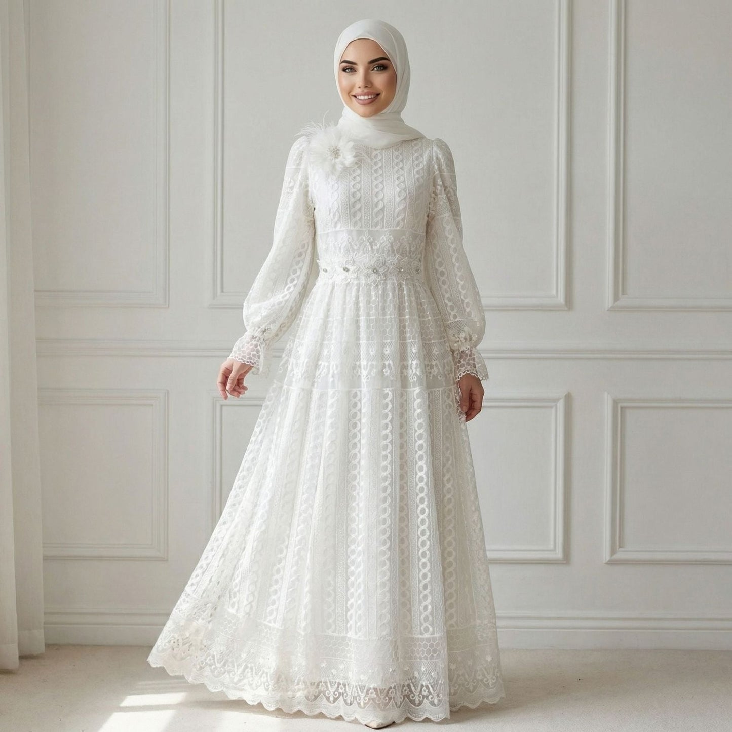 MH134 Elegant Embroidered Double Layer Abaya Dress – Luxury Modest Maxi Gown for Muslim Women
