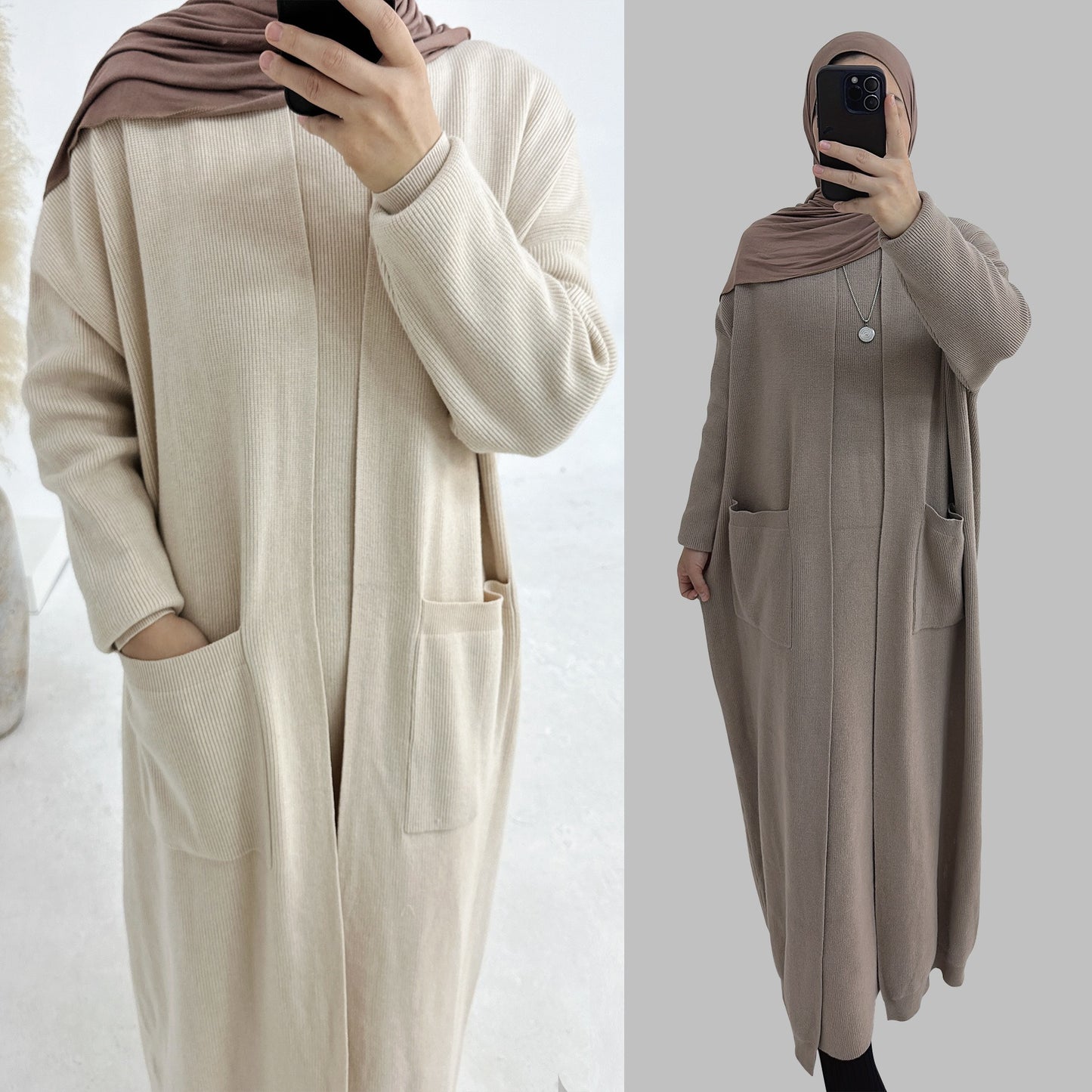 MH82 Winter Knit Abaya Set – 2-Piece Modest Co-ord (Open Cardigan + Inner Dress) with Pockets