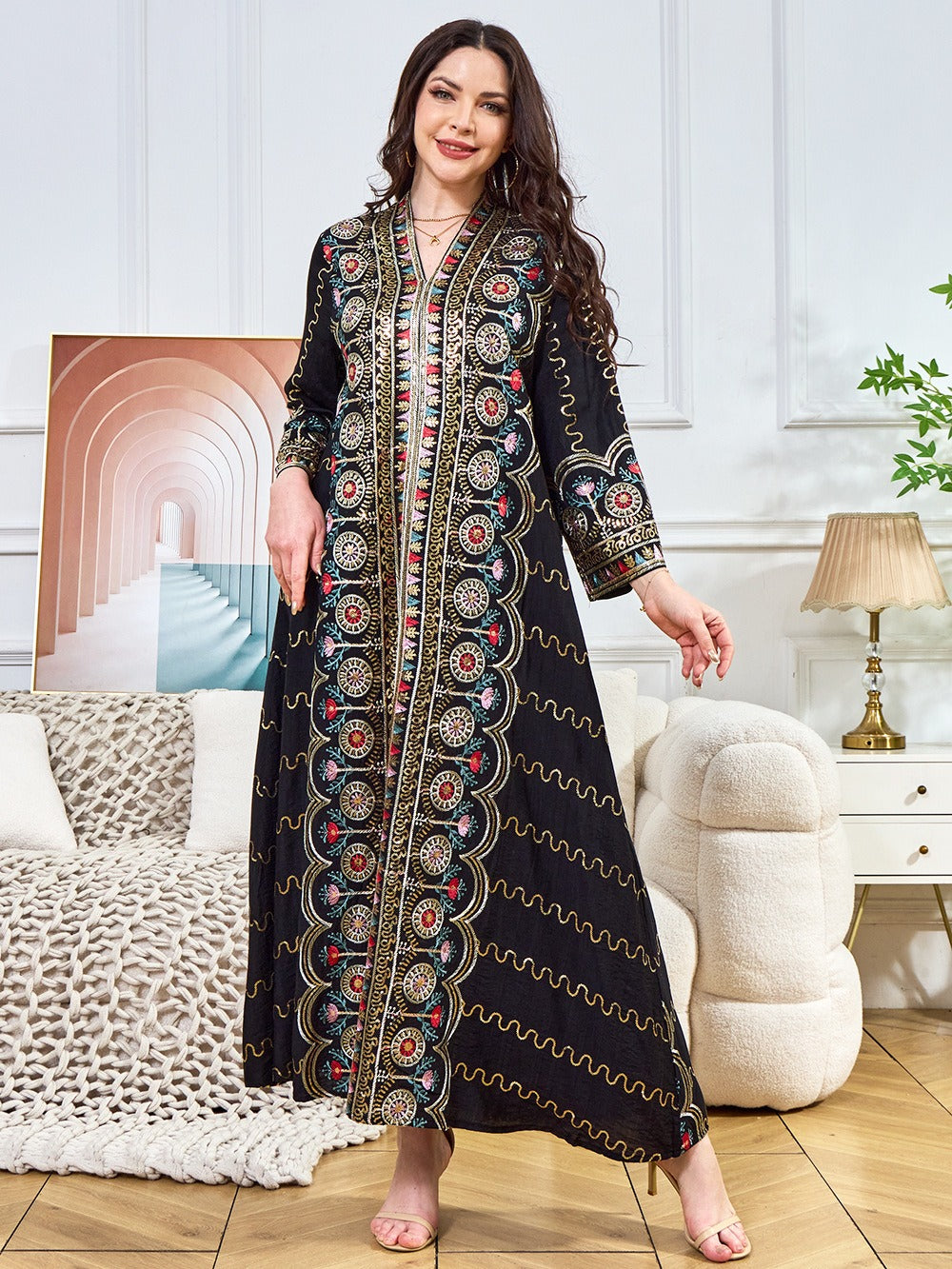 MH132 Sequin Embroidered Abaya Dress – Elegant V Neck Modest Maxi Kaftan for Muslim Women