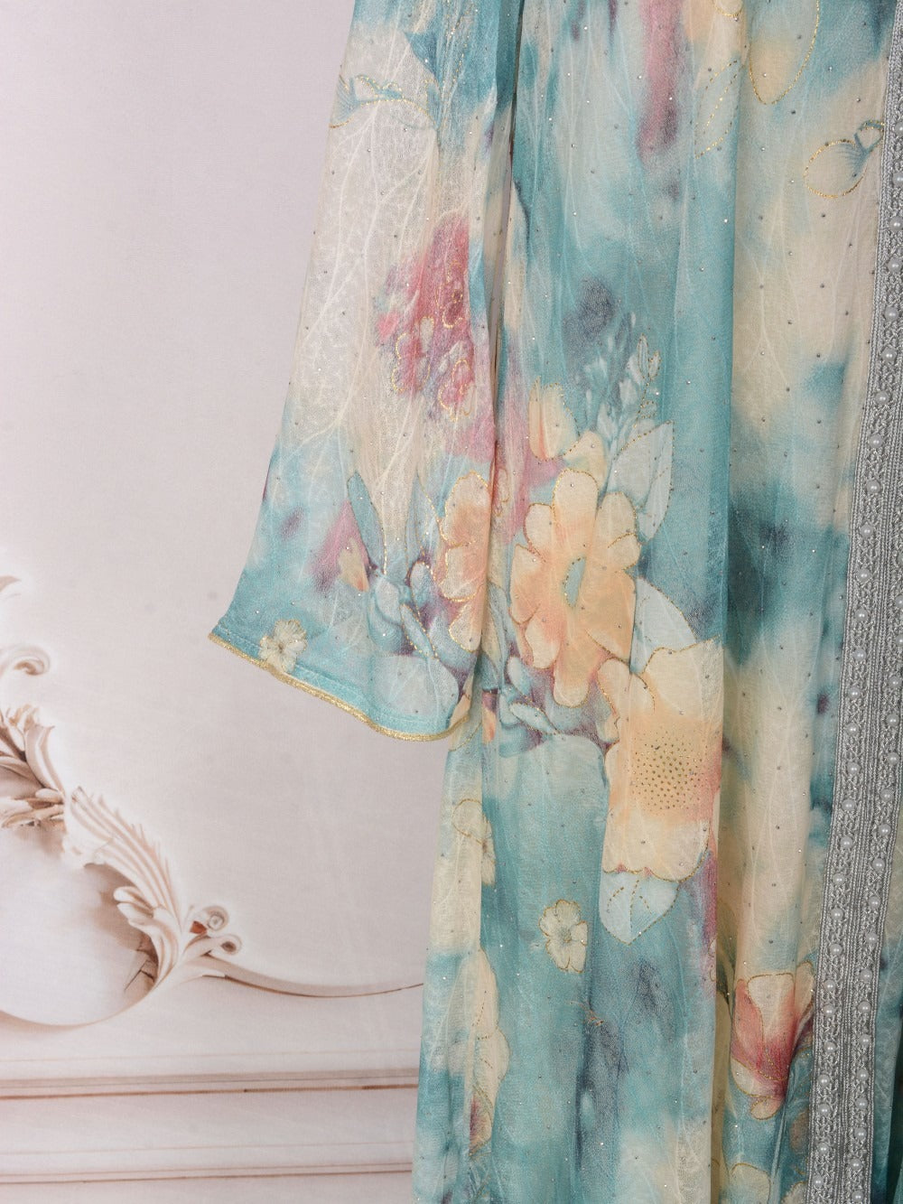 MH131 Luxury Floral Print Beaded Abaya Dress – Elegant Modest Eid Maxi Kaftan for Muslim Women
