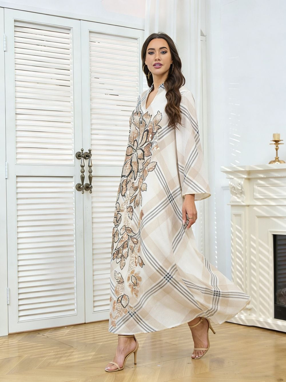 MH128 Plaid Sequin Embroidered Abaya Dress – Elegant Modest Party Maxi for Muslim Women