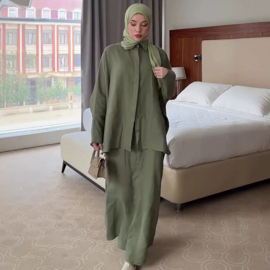 | Retro Lapel Cardigan Shirt & Long Skirt Set | Loose Modest | view 15 | Maha The Label modest fashion outfit