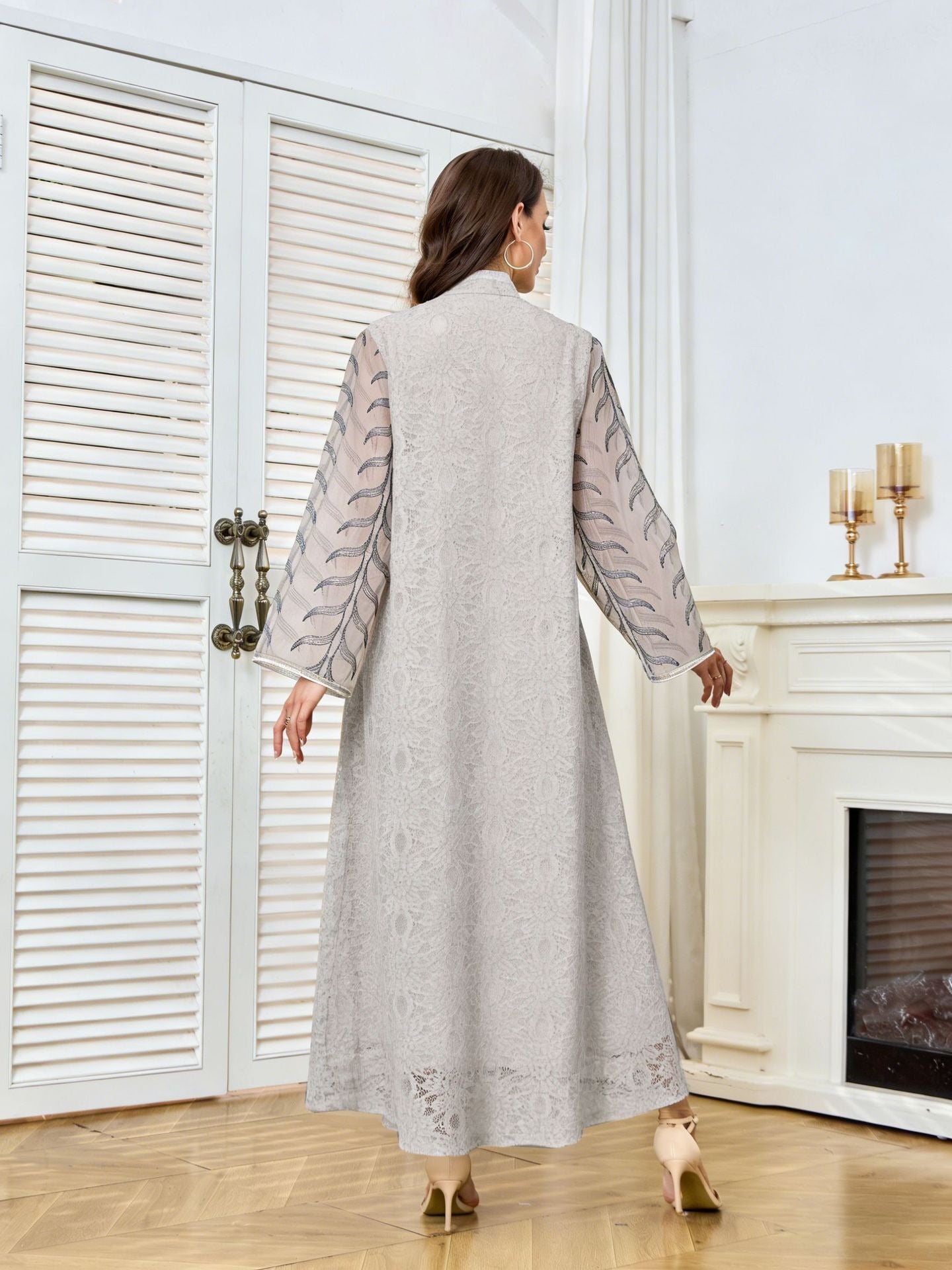 MH129 Beaded Embroidered Abaya Set – Elegant Mesh Modest Eid Dress for Muslim Women