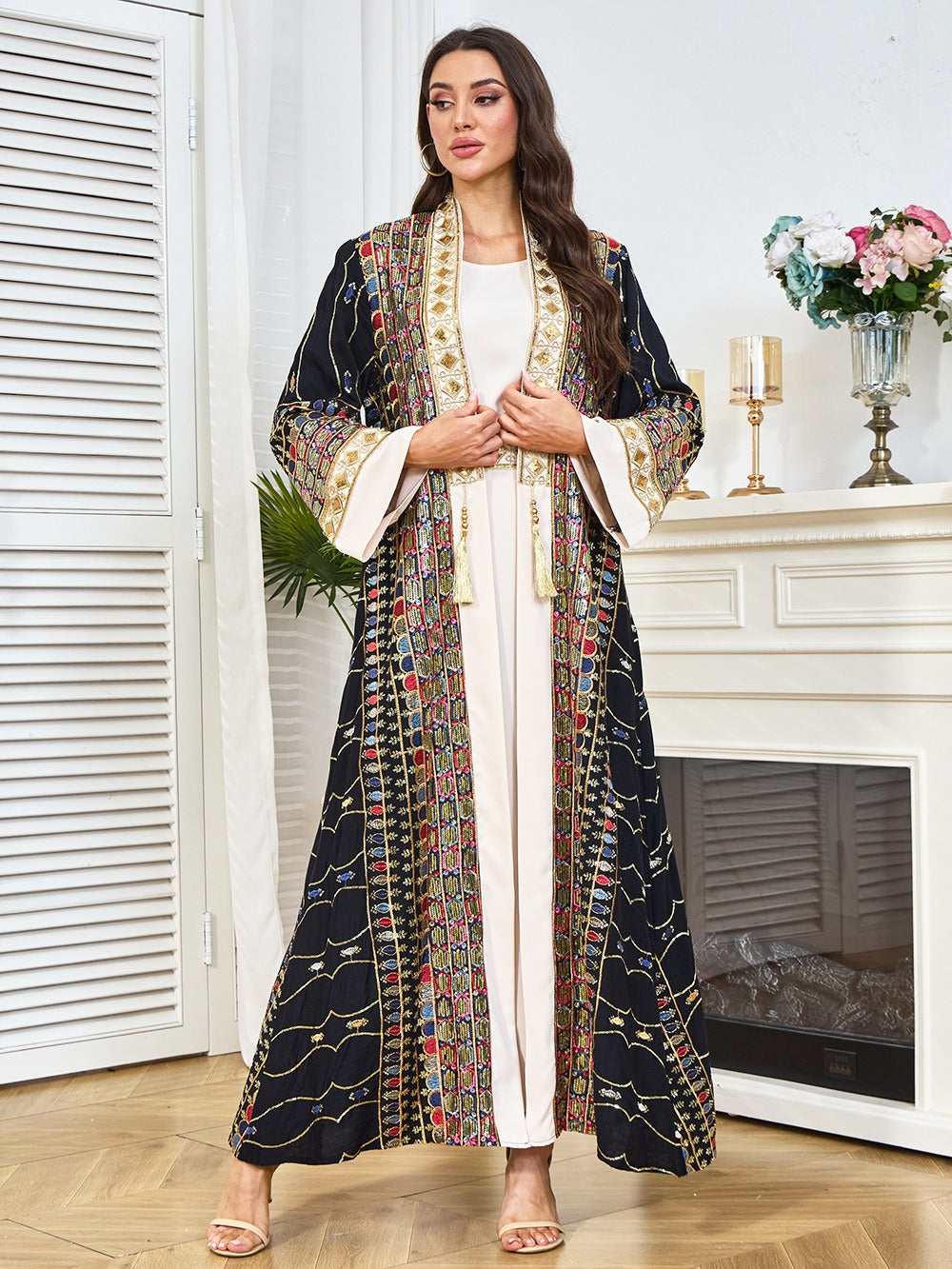 MH130 Luxury Beaded Open Abaya Set – Embroidered Modest Eid Kimono Dress for Muslim Women