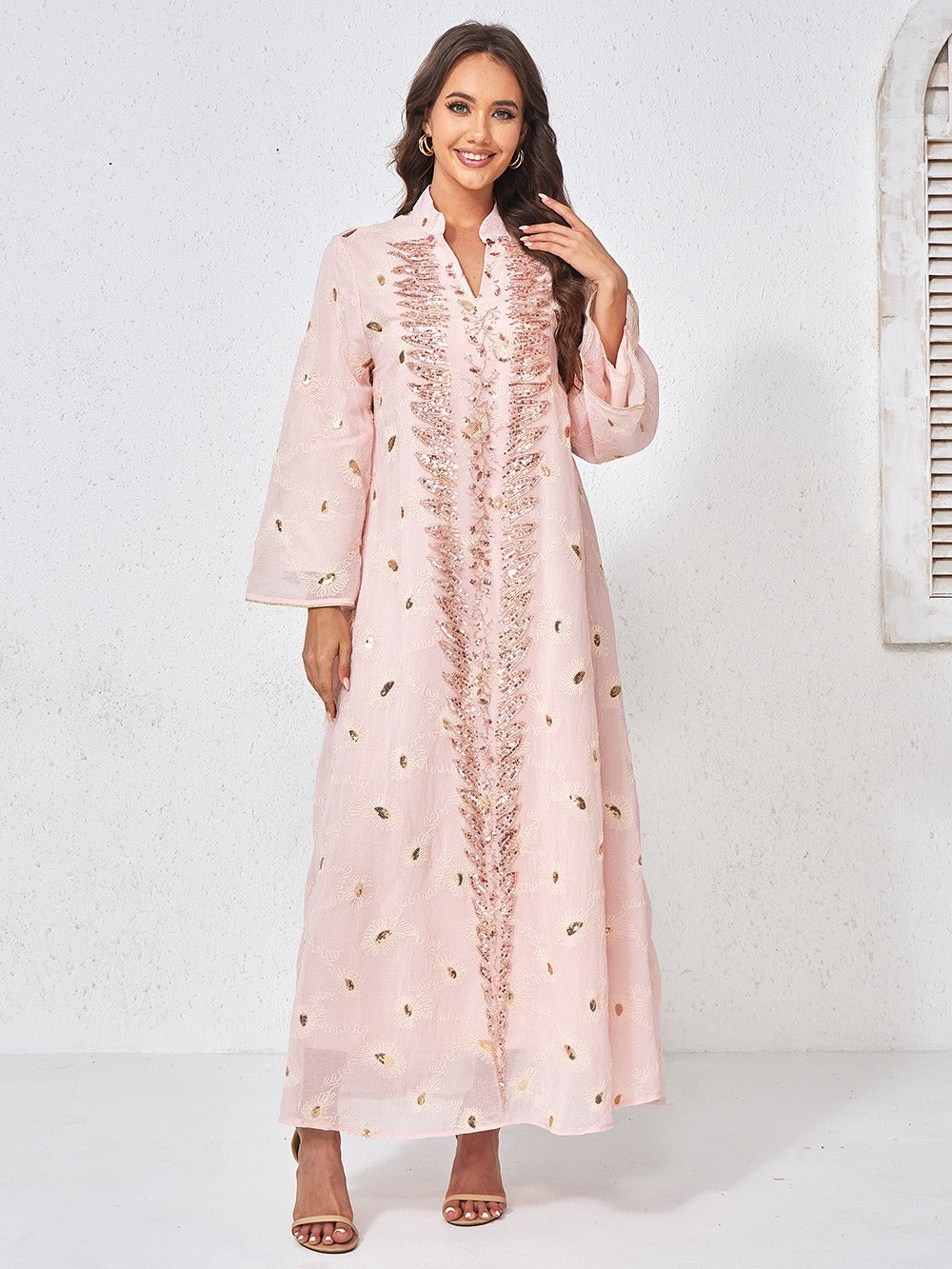 MH133 Luxury Embroidered Sequin Abaya Dress – Elegant Pink Modest Kaftan for Eid & Special Occasions