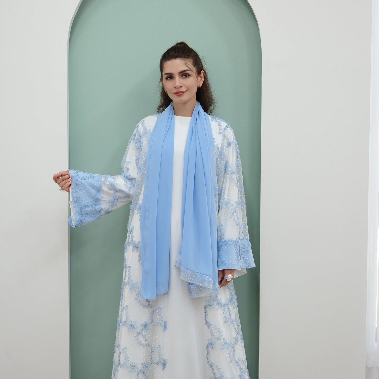 MH135 3D Floral Mesh Cardigan Abaya Set with Hijab – Elegant Modest Open Front Dress for Muslim Women