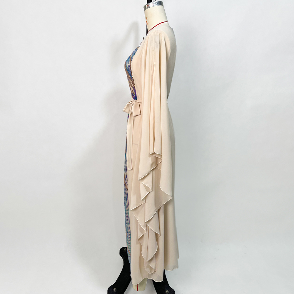 MH125 Luxury Beige Butterfly Sleeve Sequin Abaya Dress – Elegant Eid Kaftan for Muslim Women