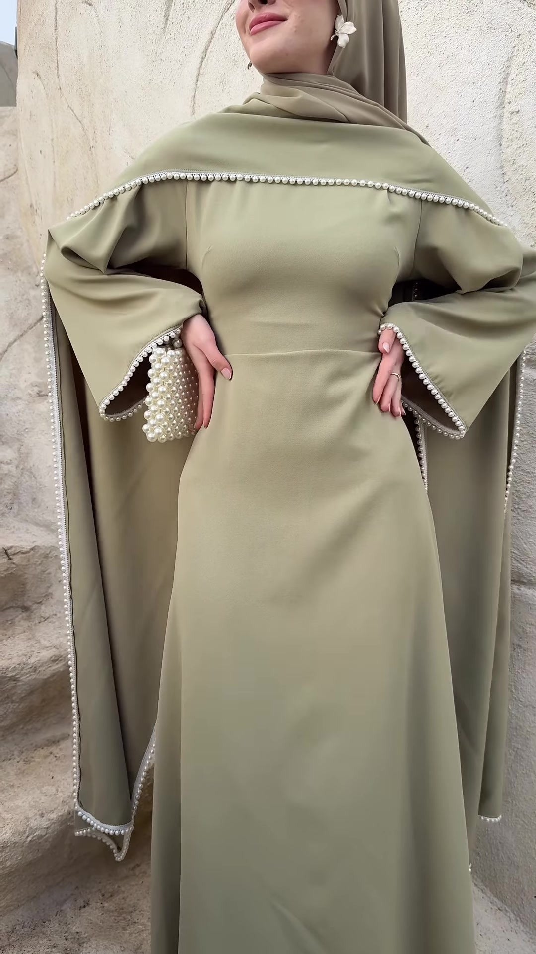 MH123 Pearl Trim Khimar Abaya Dress Set – Elegant Brown Modest Maxi Dress