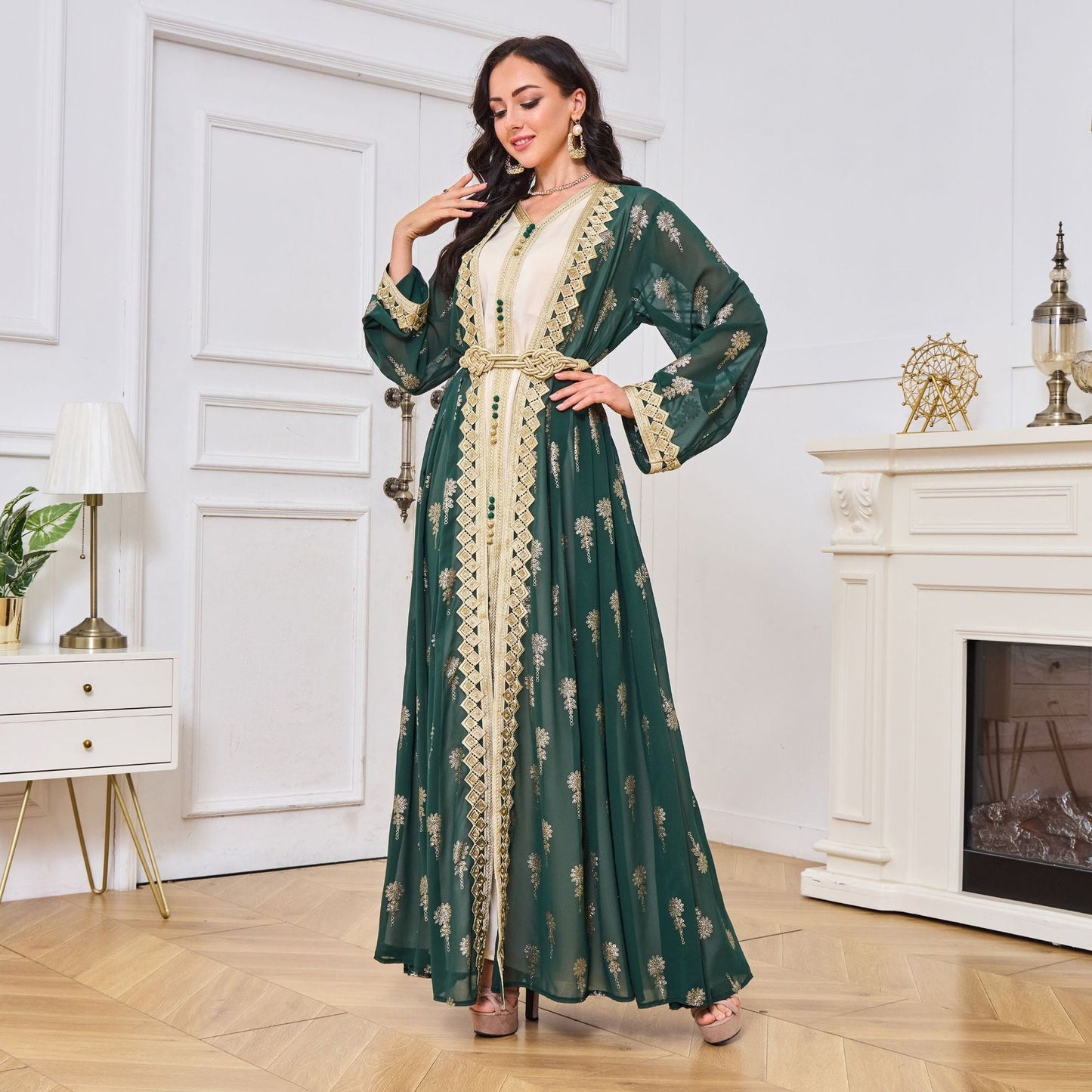 MH127 Embroidered Two Piece Abaya Set – Luxury Open Front Cardigan Abaya Dress for Eid & Formal Wear