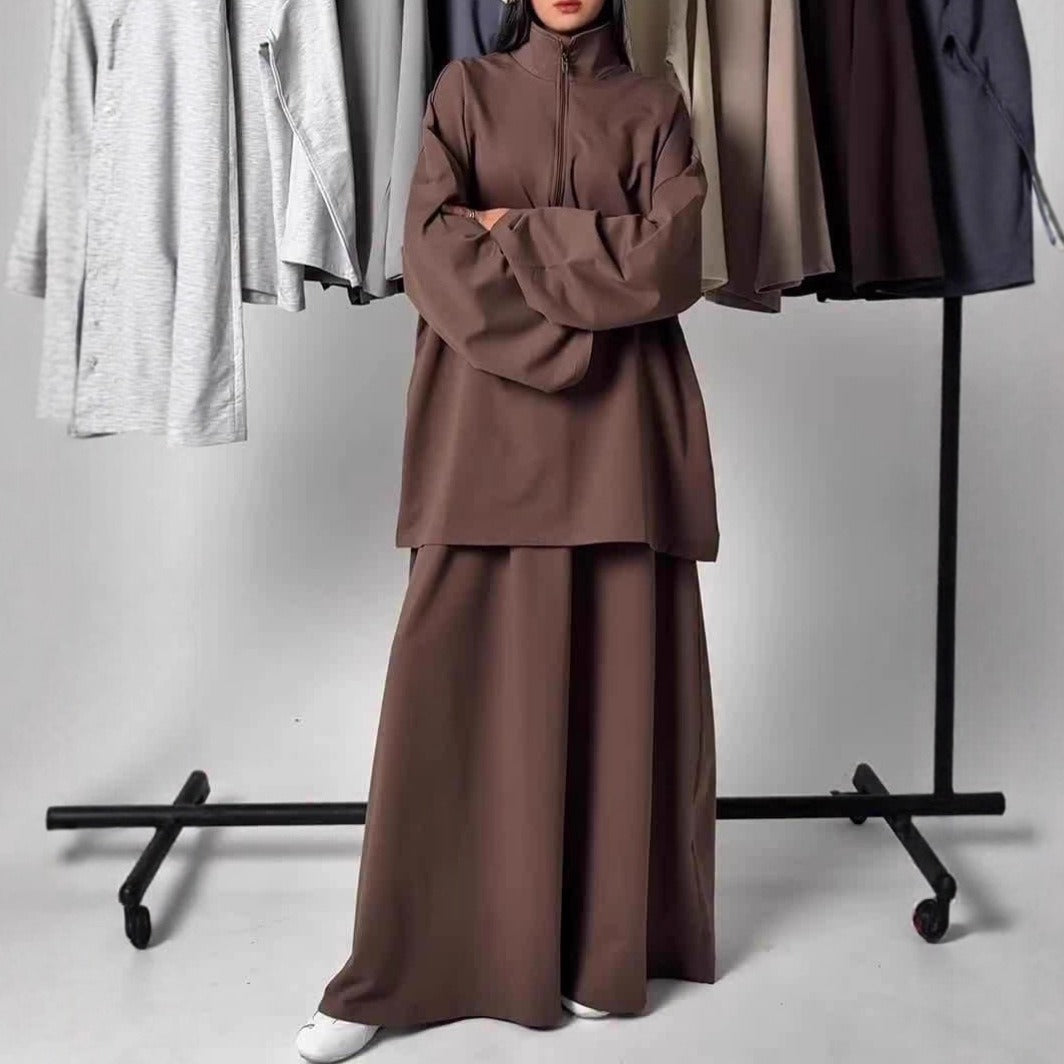 MH126 Modest Half-Zip Top and Maxi Skirt Set – Loose Casual Two Piece Outfit