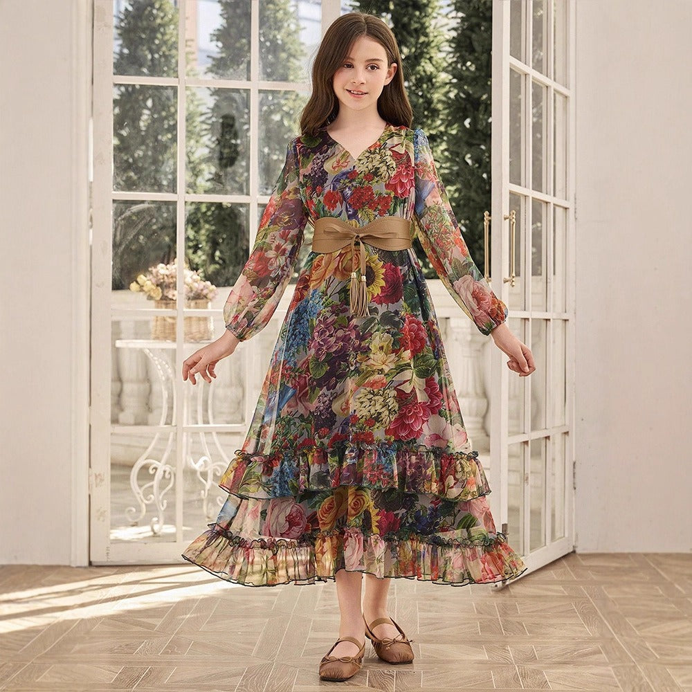 MH136 Girls Floral Print Chiffon Maxi Dress – Lantern Sleeve Modest Dress for Girls Ages 8–12