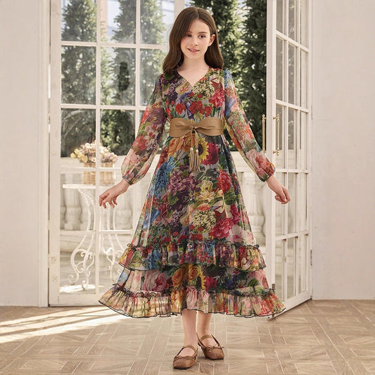 MH136 Girls Floral Print Chiffon Maxi Dress – Lantern Sleeve Modest Dress for Girls Ages 8–12