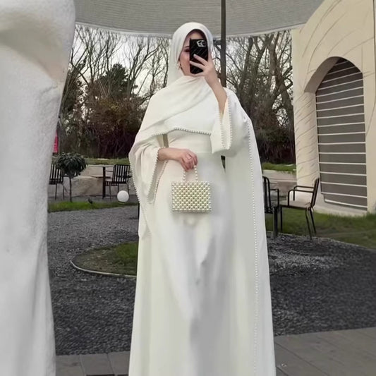 MH123 Pearl Trim Khimar Abaya Dress Set – Elegant Brown Modest Maxi Dress