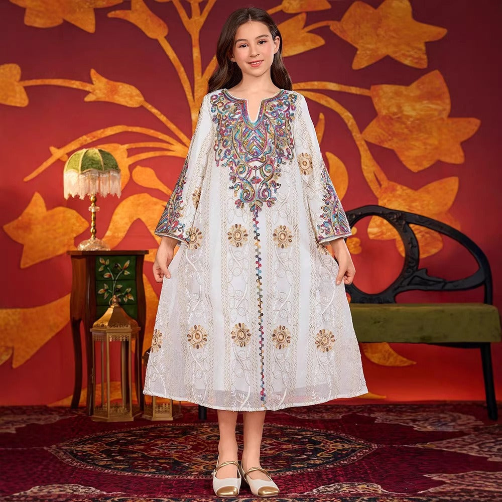 LM138 Girls Heavy Embroidery Maxi Dress – Elegant Modest Party Dress for Girls Ages 8–12