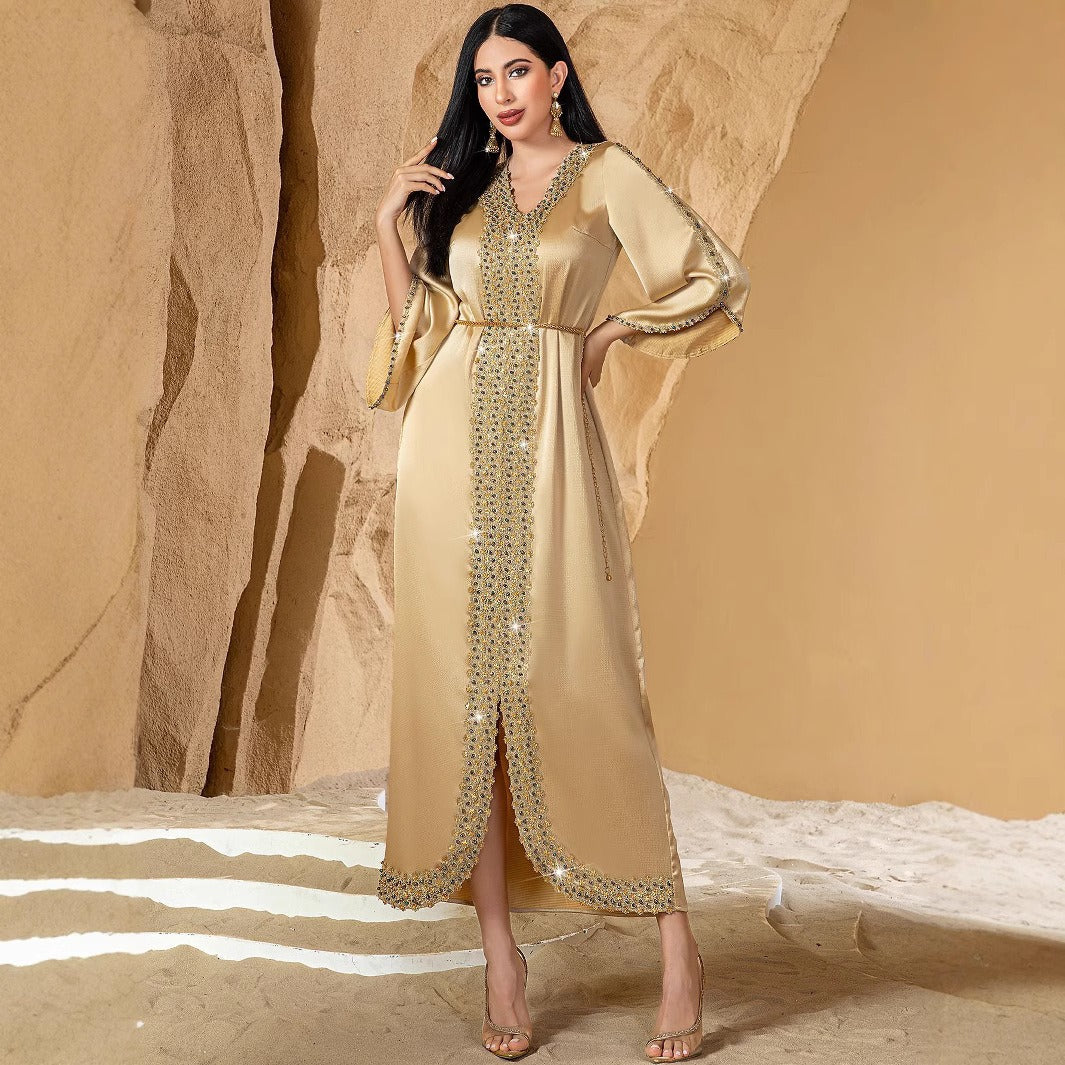 MH126 Luxury Champagne Beaded Lace Abaya Dress – Handmade Elegant Eid & Evening Kaftan
