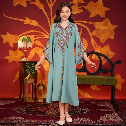 MH139 Girls Embroidered Maxi Robe Dress – Flare Sleeve Modest Eid Dress for Girls Ages 8–12