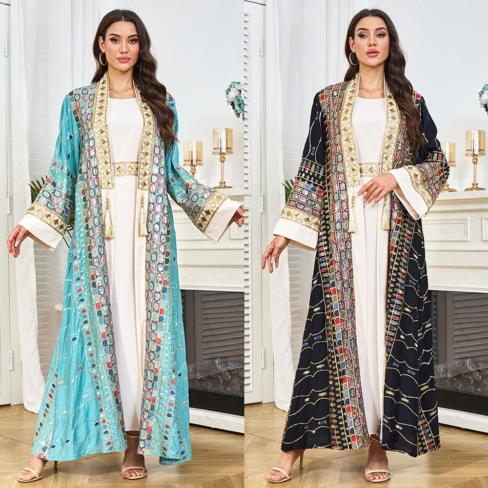 MH130 Luxury Beaded Open Abaya Set – Embroidered Modest Eid Kimono Dress for Muslim Women