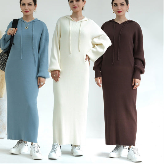 MH79 Hooded Abaya for Women – Thick-Knit Oversized Sweater Dress, Long Sleeve Modest Islamic Dress