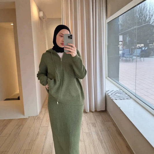 MH101 Modest Knit Hoodie & Skirt Set – Soft Ribbed Two-Piece Outfit