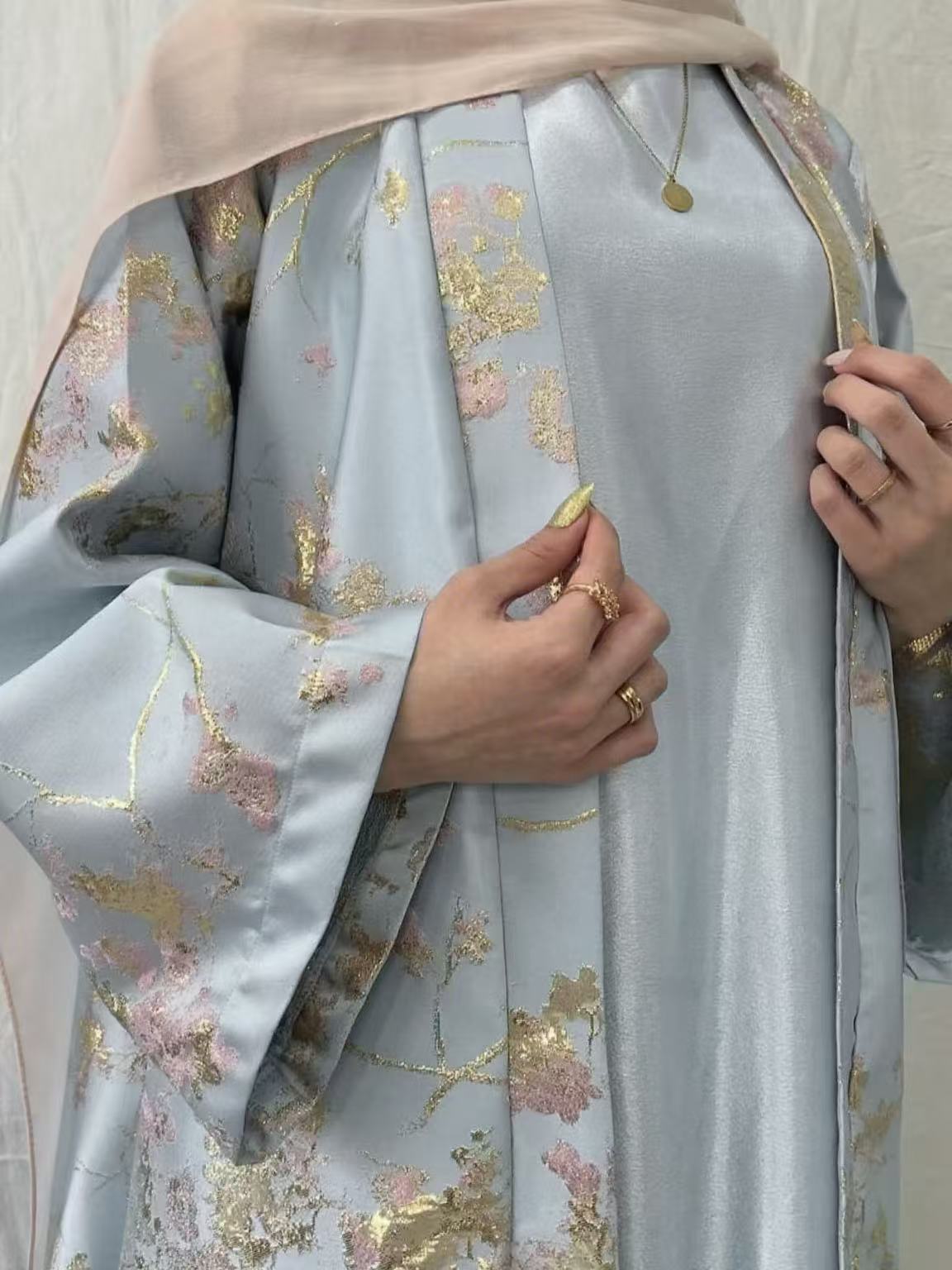 MH98 Sakura Pink Kimono Abaya – Embroidered Eid Abaya with Golden Details