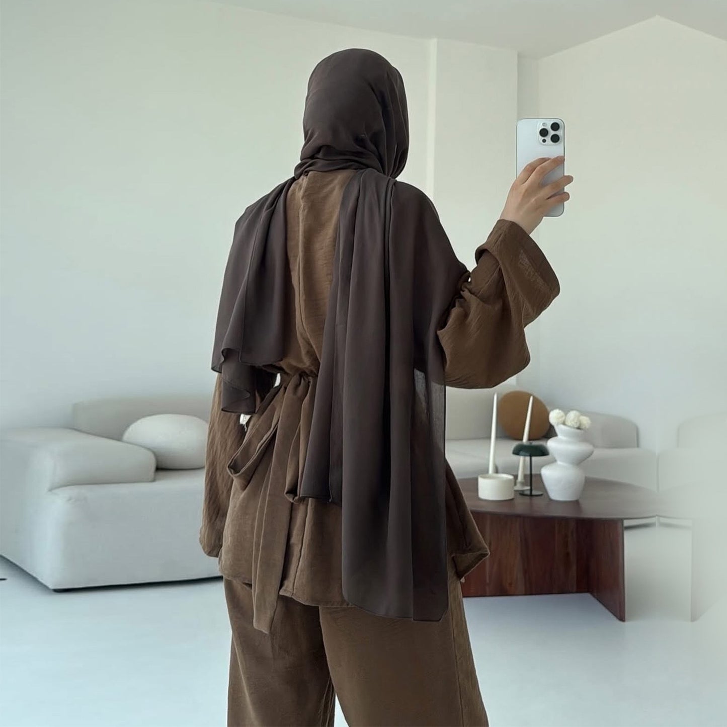 MH92 Modest Two-Piece Set – Ice-Silk Crepe Peplum Tunic & Wide-Leg Pants | Office • Travel • Eid Outfit