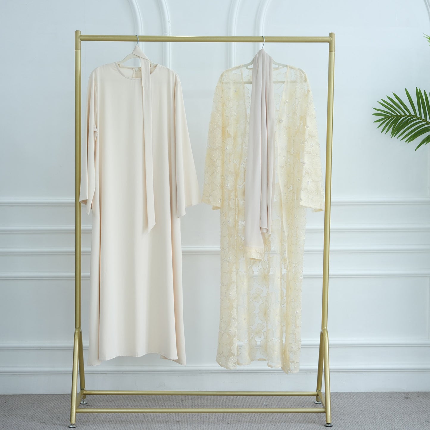 MH90 Beaded Lace Abaya Set – Embroidered Open Abaya, Optional Hijab & Inner Dress