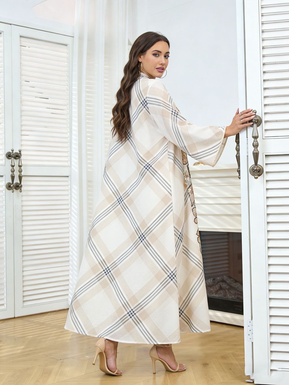 MH128 Plaid Sequin Embroidered Abaya Dress – Elegant Modest Party Maxi for Muslim Women