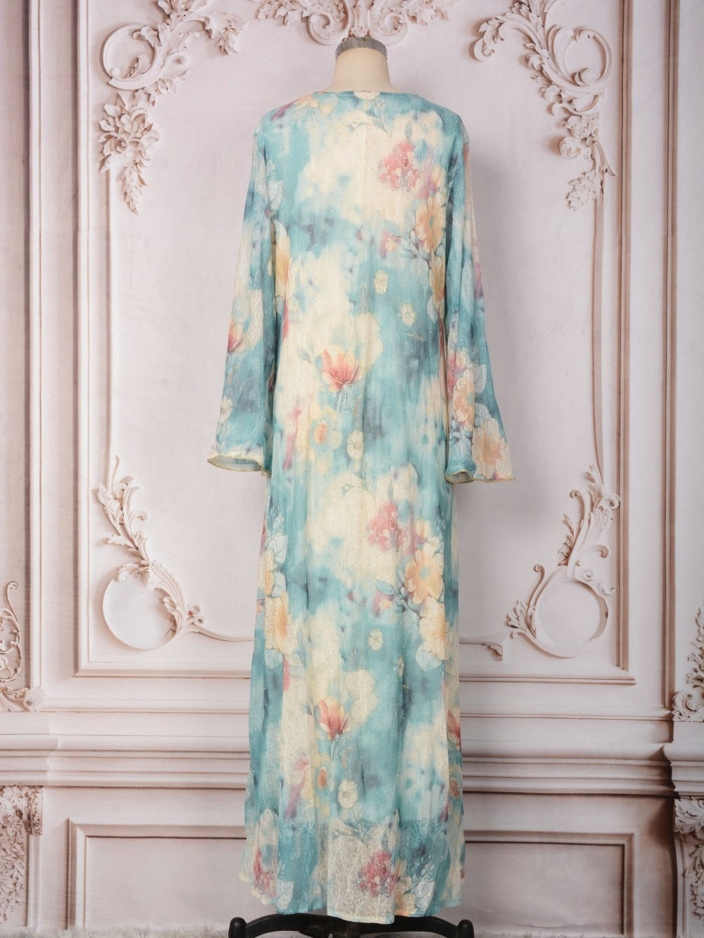 MH131 Luxury Floral Print Beaded Abaya Dress – Elegant Modest Eid Maxi Kaftan for Muslim Women