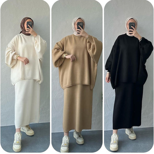 MH74 Muslim Women’s Winter Knit Two-Piece Modest Set (Top + Skirt)