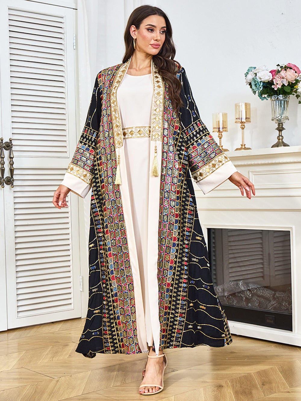 MH130 Luxury Beaded Open Abaya Set – Embroidered Modest Eid Kimono Dress for Muslim Women
