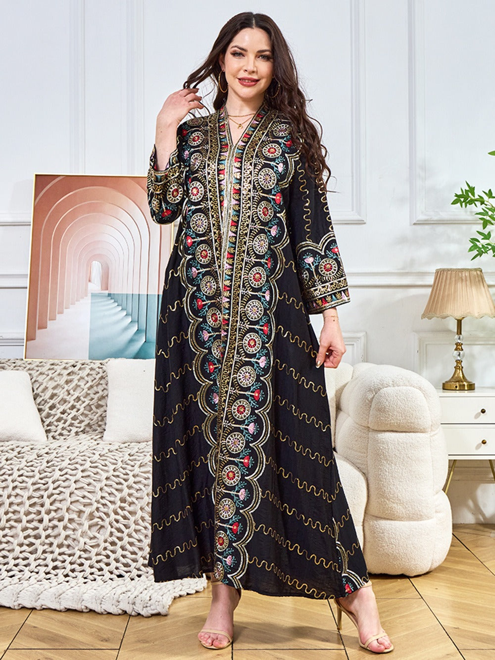 MH132 Sequin Embroidered Abaya Dress – Elegant V Neck Modest Maxi Kaftan for Muslim Women