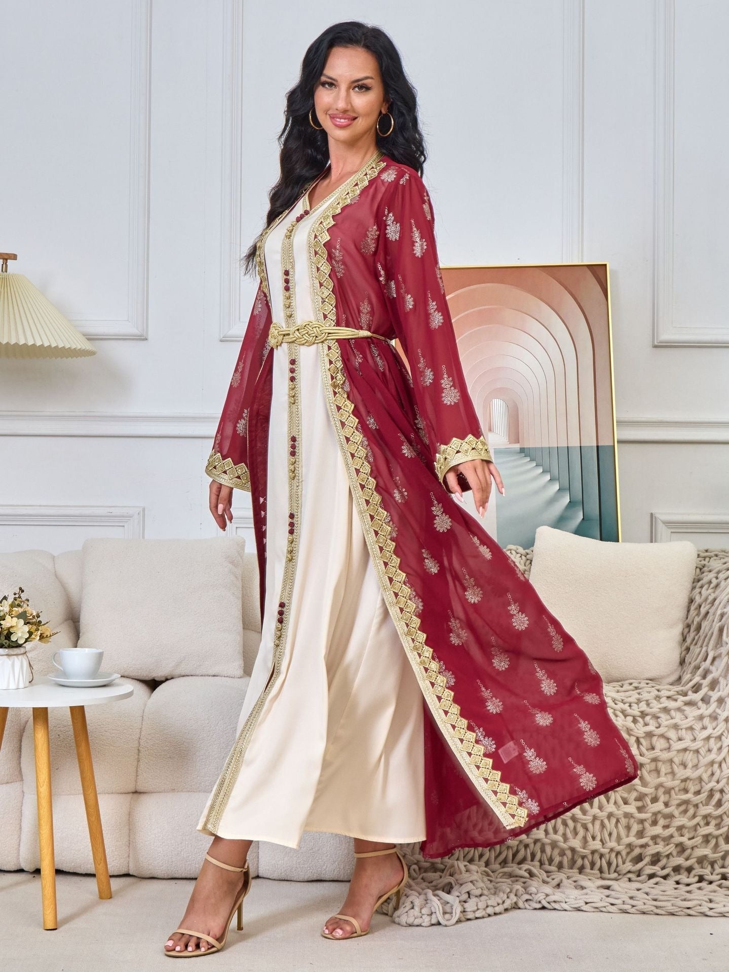 MH127 Embroidered Two Piece Abaya Set – Luxury Open Front Cardigan Abaya Dress for Eid & Formal Wear