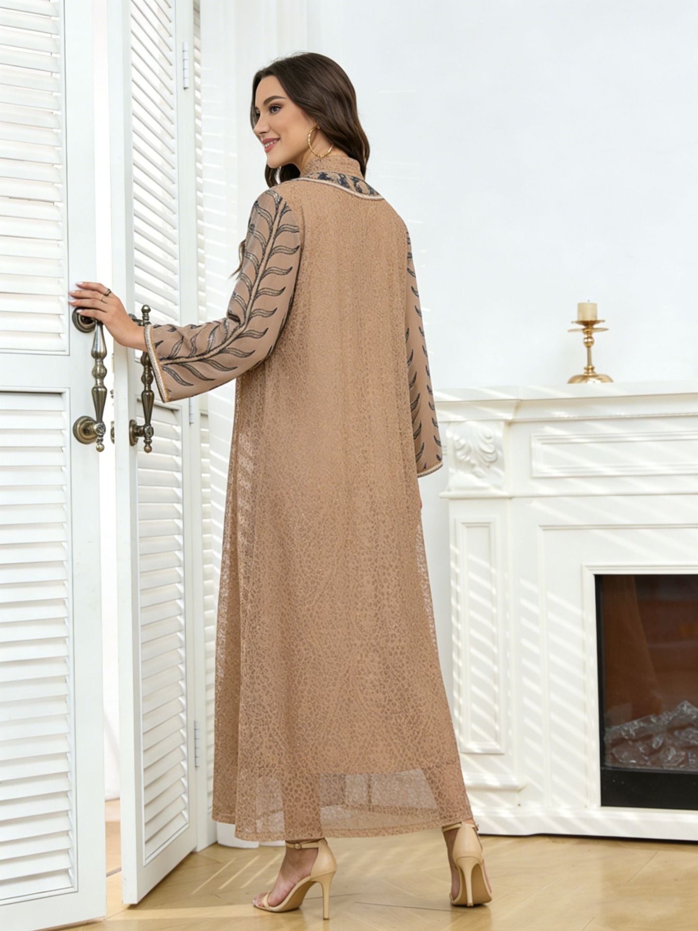 MH129 Beaded Embroidered Abaya Set – Elegant Mesh Modest Eid Dress for Muslim Women