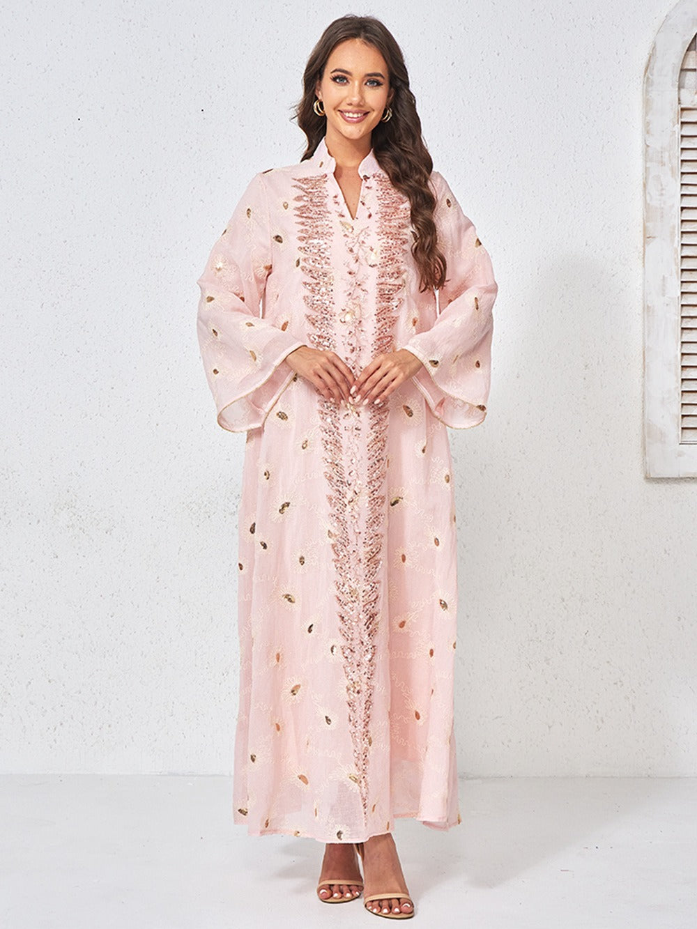 MH133 Luxury Embroidered Sequin Abaya Dress – Elegant Pink Modest Kaftan for Eid & Special Occasions