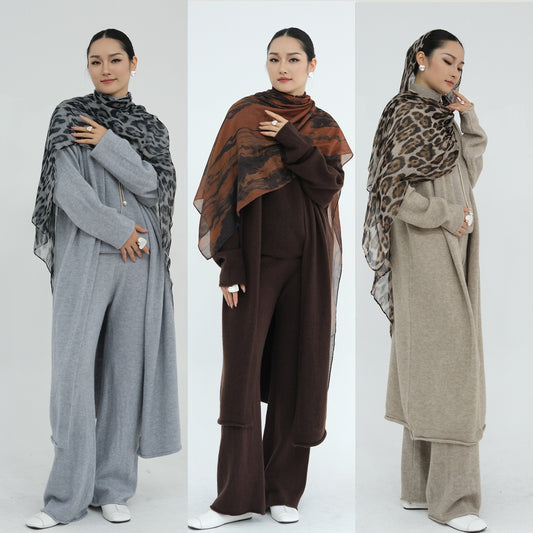 MH73 Muslim Women Winter Knit Abaya Set – 3-Piece Cardigan, Vest & Pants