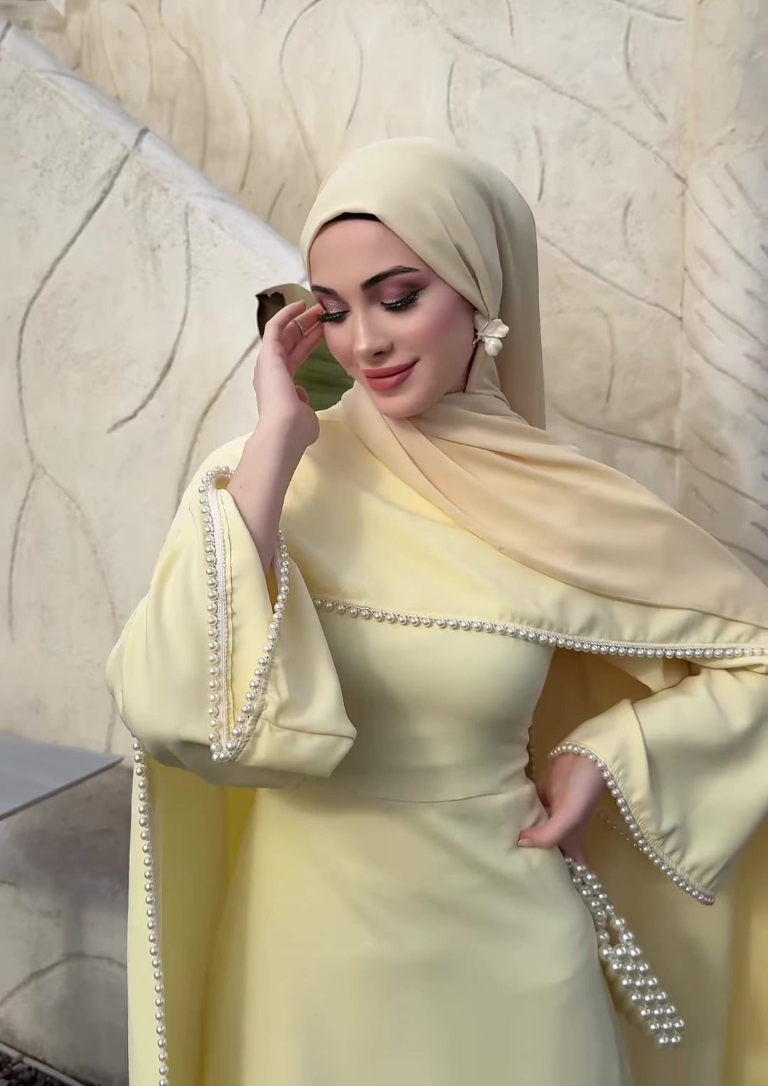 MH123 Pearl Trim Khimar Abaya Dress Set – Elegant Brown Modest Maxi Dress