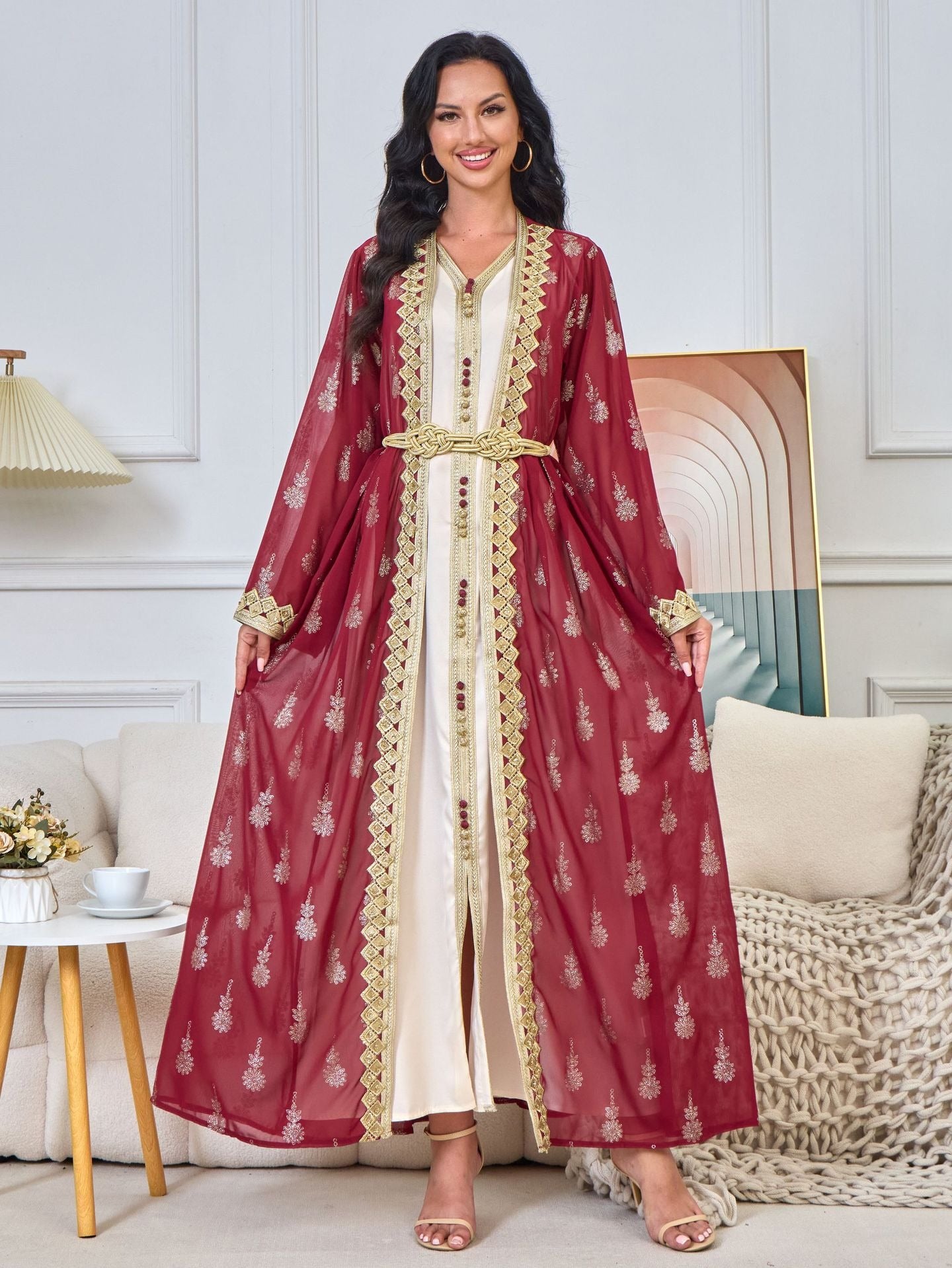 MH127 Embroidered Two Piece Abaya Set – Luxury Open Front Cardigan Abaya Dress for Eid & Formal Wear