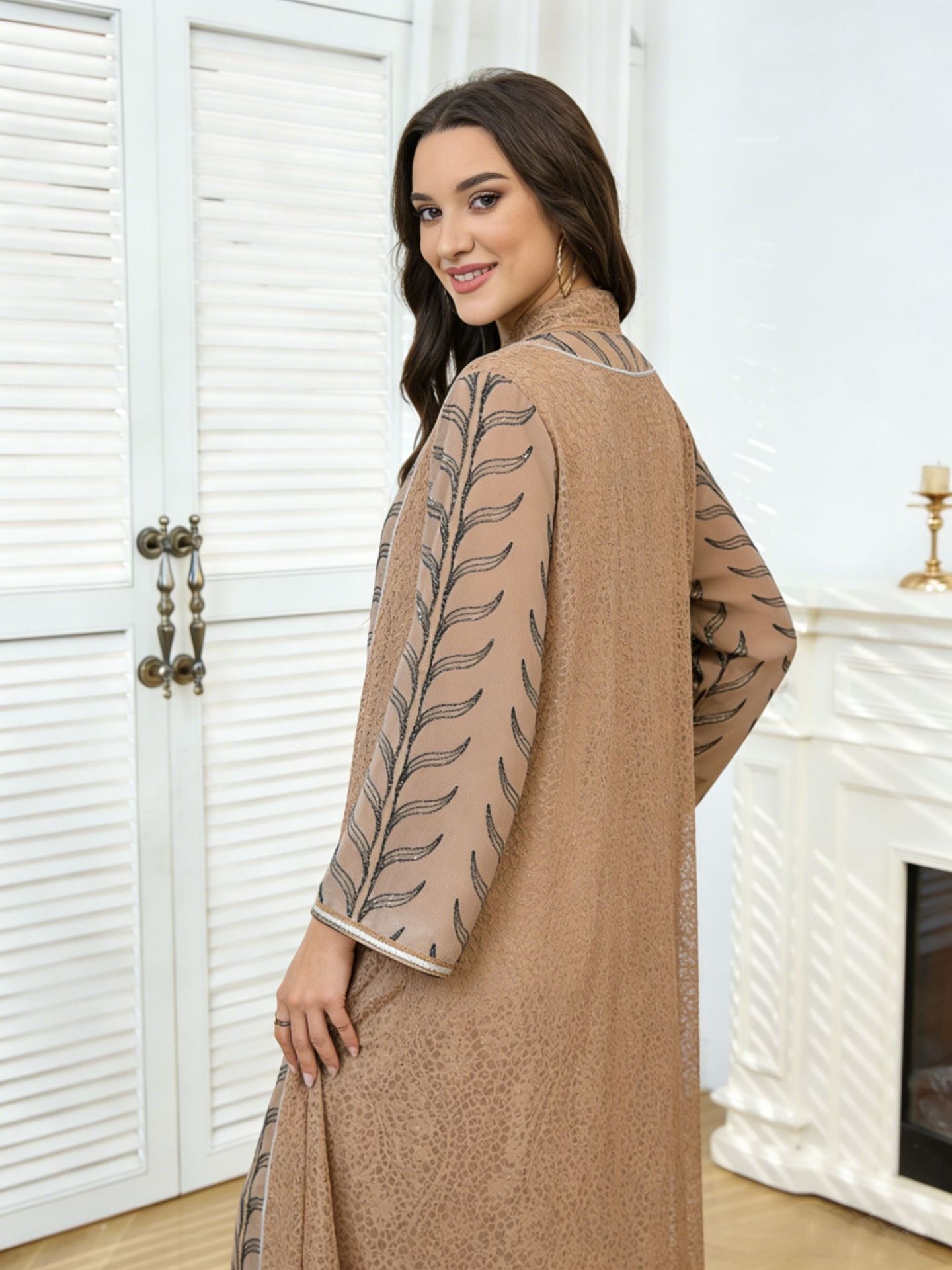 MH129 Beaded Embroidered Abaya Set – Elegant Mesh Modest Eid Dress for Muslim Women