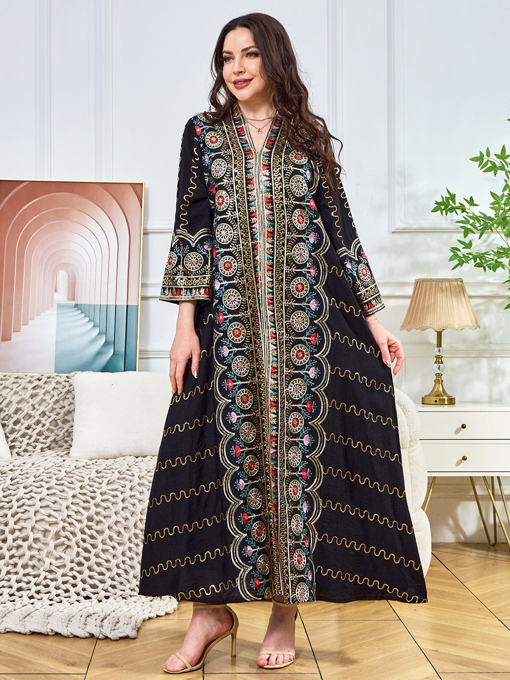 MH132 Sequin Embroidered Abaya Dress – Elegant V Neck Modest Maxi Kaftan for Muslim Women