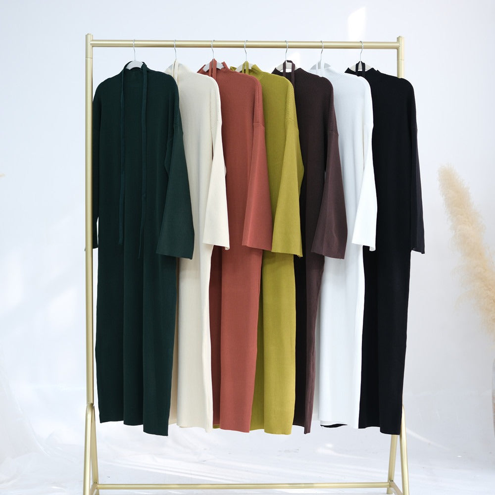 MH76 Winter Abaya for Women – Ribbed, Belted, Long Sleeve Modest Islamic Dress