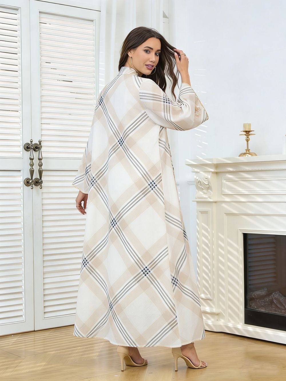MH128 Plaid Sequin Embroidered Abaya Dress – Elegant Modest Party Maxi for Muslim Women