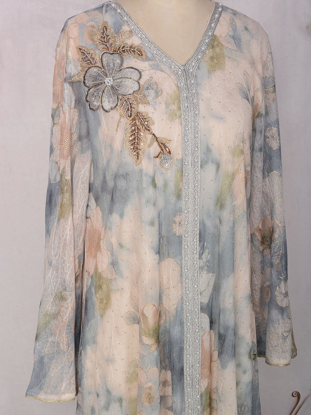 MH131 Luxury Floral Print Beaded Abaya Dress – Elegant Modest Eid Maxi Kaftan for Muslim Women