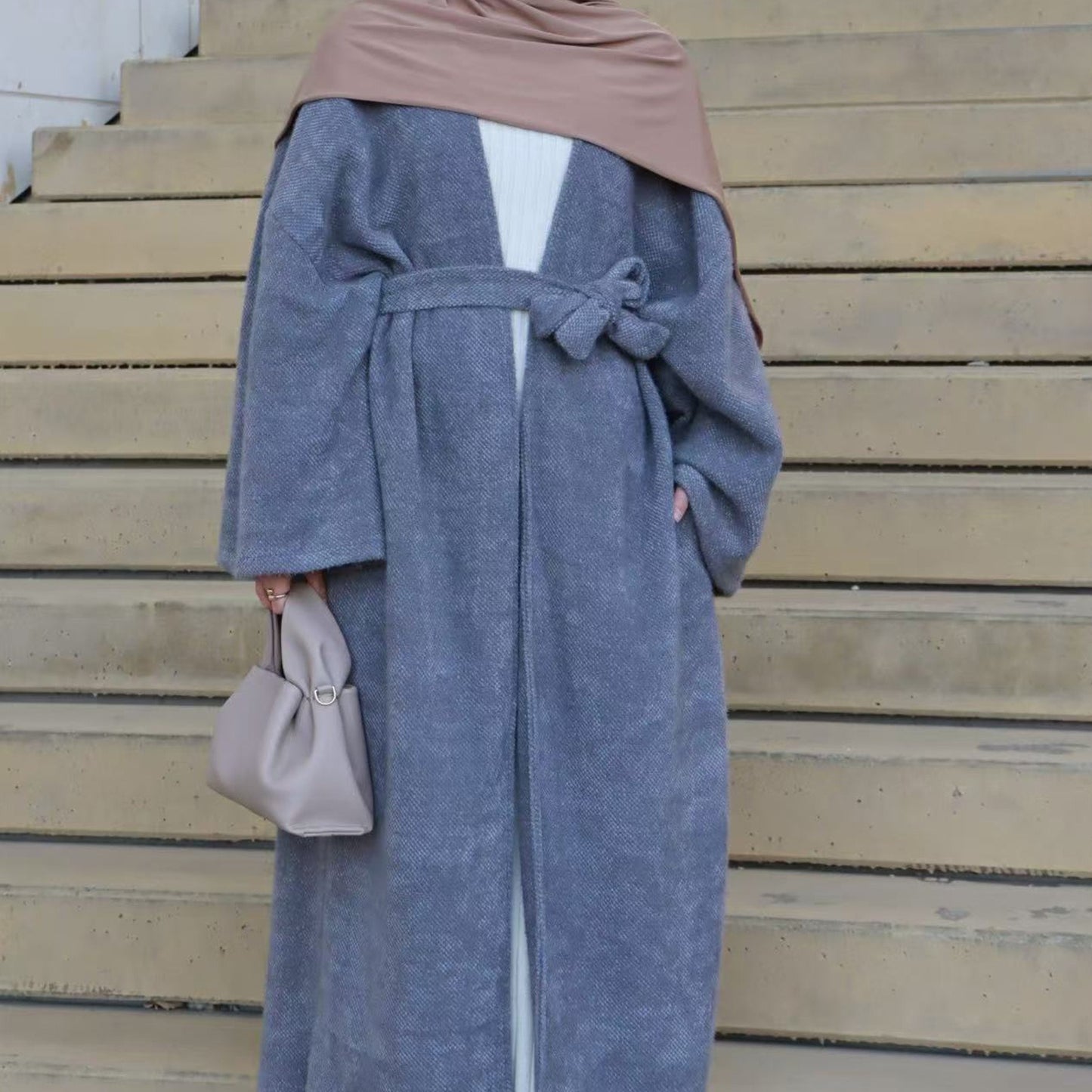 MH97 Velvet Open Abaya Cardigan with Belt – Long Sleeve Modest Outerwear