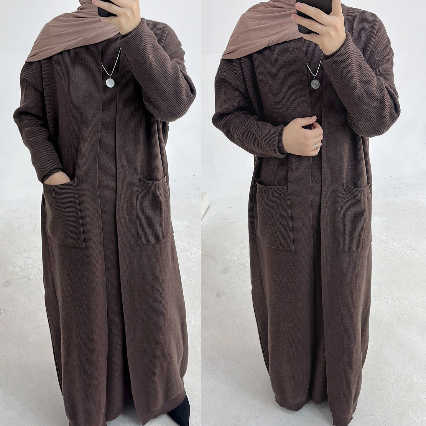 MH82 Winter Knit Abaya Set – 2-Piece Modest Co-ord (Open Cardigan + Inner Dress) with Pockets