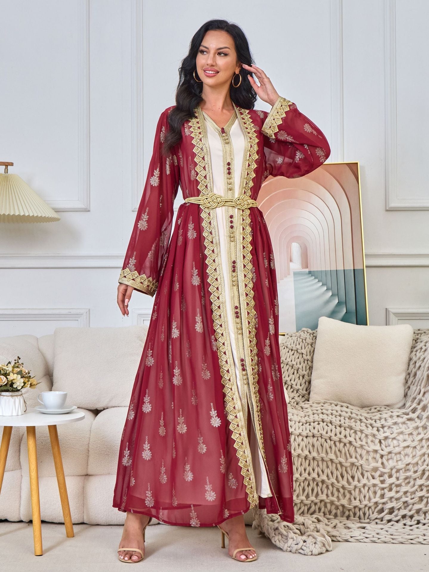 MH127 Embroidered Two Piece Abaya Set – Luxury Open Front Cardigan Abaya Dress for Eid & Formal Wear